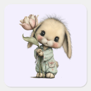 Sticker Carré Lapin mignon tenant une Tulipe