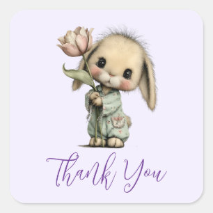 Sticker Carré Lapin mignon tenant une tulipe Merci