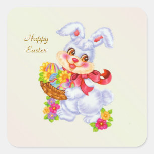 Sticker Carré Lapin, oeufs et fleurs de Pâques
