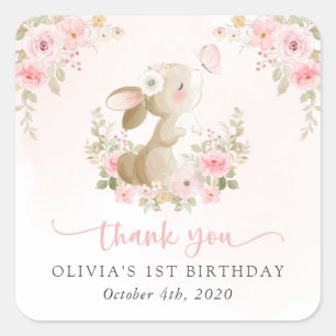 Sticker Carré Lapin, Papillon, Fleurs Roses, Premier Anniversair