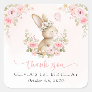 Sticker Carré Lapin, Papillon, Fleurs Roses, Premier Anniversair