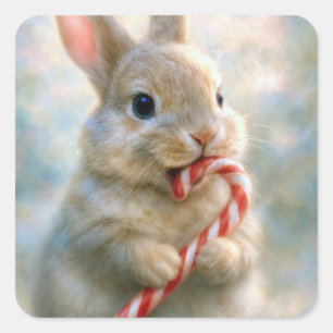 Sticker Carré Lapin qui grignote un bâton de sucre d'orge