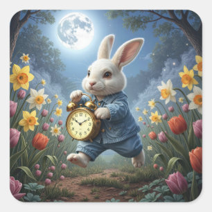 Sticker Carré Lapin qui saute avec un réveil