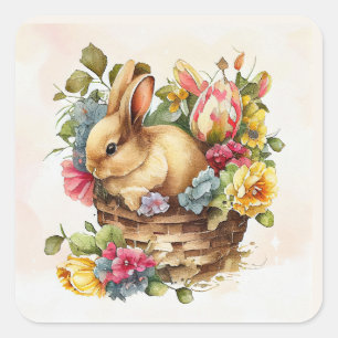Sticker Carré Lapin Rétro Fleurs Roses Jaunes Printemps