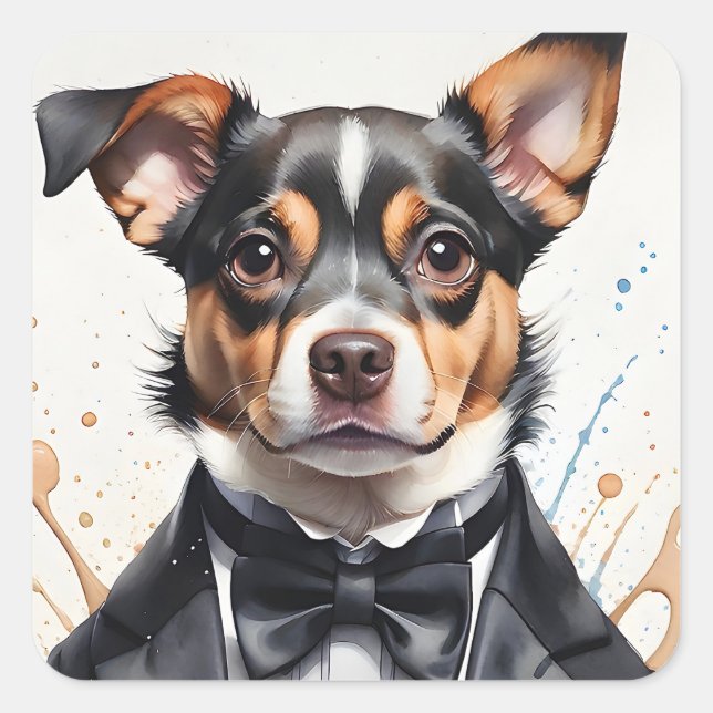 Sticker Carré L'aquarelle Art Chien Mignon Smoking Nœud Papillon (Devant)