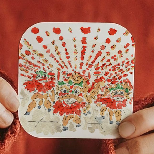 Sticker Carré L'aquarelle chinoise de danse Lion (The Chinese Lion Dance Watercolor Square Sticker)
