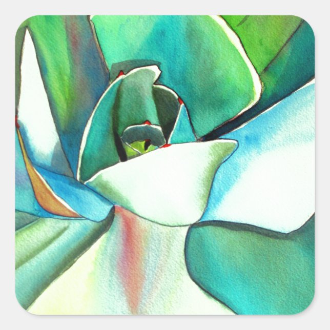 Sticker Carré L'aquarelle du désert bleu et vert Succulent (Devant)