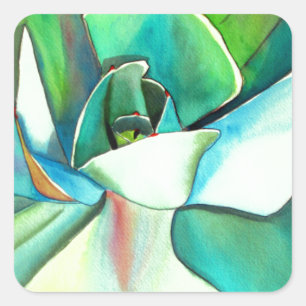 Sticker Carré L'aquarelle du désert bleu et vert Succulent