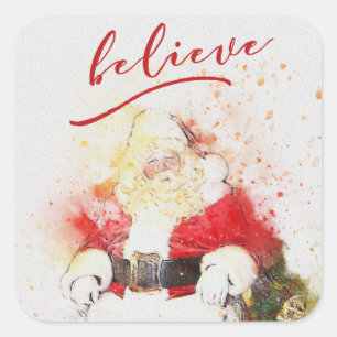 Sticker Carré L'aquarelle le père noël avec croient la