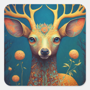 Sticker Carré L'art de l'Imaginaire de cerfs lunaires