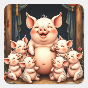 Sticker Carré L'art du cochon - Mère et porcelets