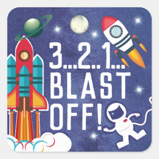 Sticker Carré L'astronaute Rocket Ship Space BLAST OFF