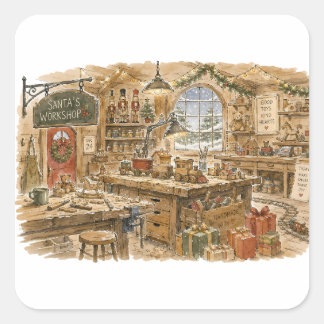 Sticker Carré L'atelier du Père Noël pour un Noël classique