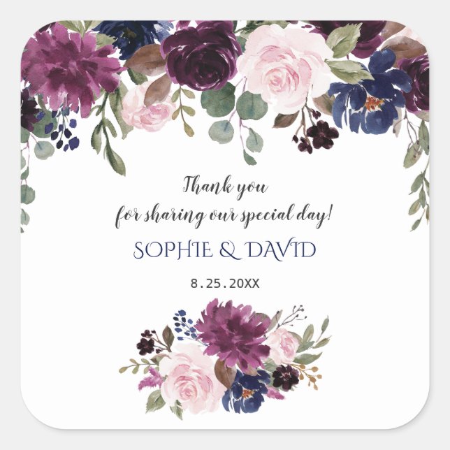 Sticker Carré Lavender Navy Blue Floral Bloom Mariage (Devant)