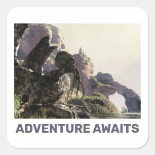 Sticker Carré L'aventure attend. Paysage fantastique