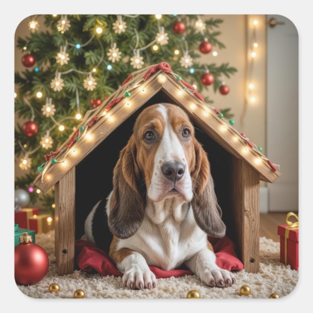 Sticker Carré Le Basset de Noël dans une niche (Devant)