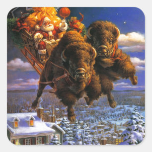 Sticker Carré Le bison tire le Père Noël