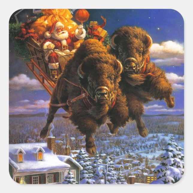 Sticker Carré Le bison tire le Père Noël (Devant)