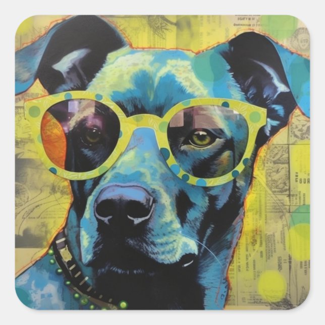Sticker Carré Le chien dans les lunettes à points Polka (Devant)