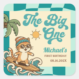 Sticker Carré Le Gros Surfeur Chat Rétro Été 1er Anniversaire