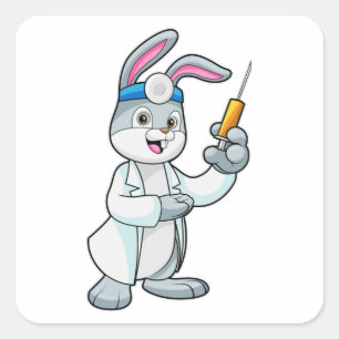 Sticker Carré Le lapin comme docteur à la vaccination avec la se