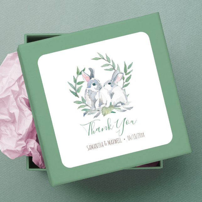 Sticker Carré Le Merci du lapin boisé favorise (Thank You Favor Square Sticker Woodland Bunny watercolor art by Victoria Grigaliunas)
