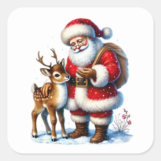 Sticker Carré Le Père Noël avec un cerf amical en neige hivernal (Devant)