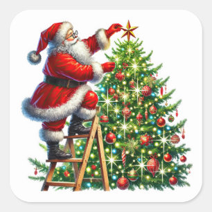 Sticker Carré Le Père Noël décore un arbre de Noël en hiver