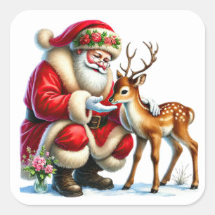 Sticker Carré Le Père Noël interagit avec un renne doux