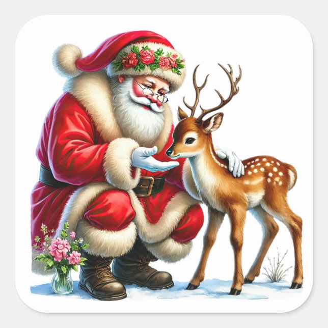 Sticker Carré Le Père Noël interagit avec un renne doux (Devant)
