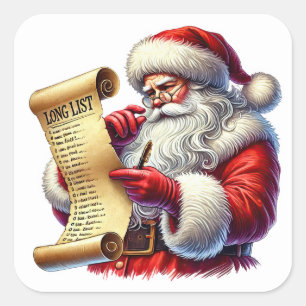 Sticker Carré Le Père Noël vérifie sa longue liste de cadeaux