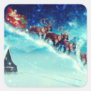 Sticker Carré Le Père Noël vole avec un renne