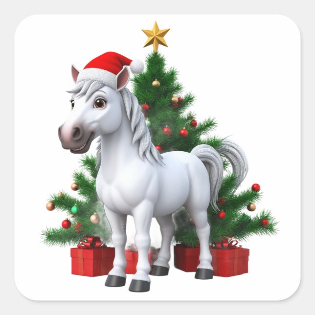 Sticker Carré Le poney de caricature à Santa Hat (Devant)