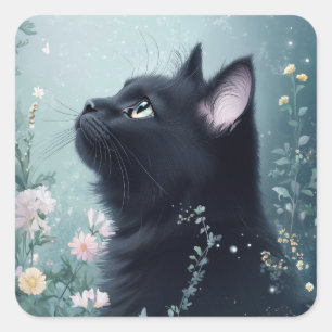 Sticker Carré Le Regard Nocturne d'un Chat Noir