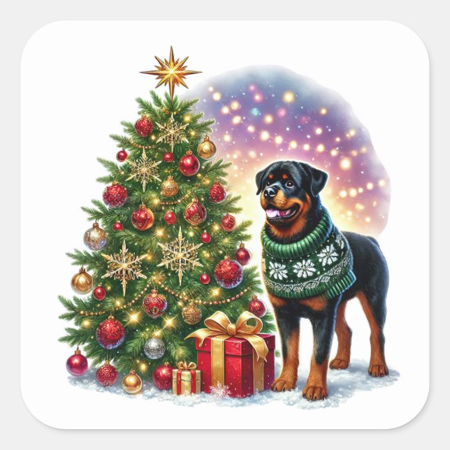 Sticker Carré Le Rottweiler de Noël par l'arbre festif (Devant)