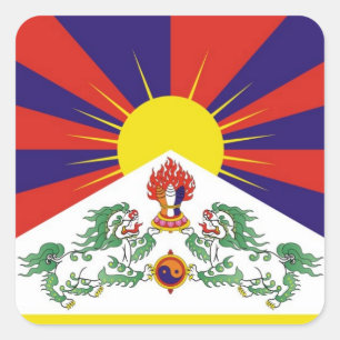 Sticker Carré Le Thibet, lions de neige, drapeau tibétain -