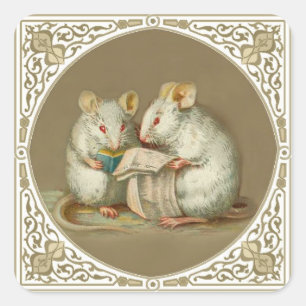 Sticker Carré Lecture blanche anthropomorphe de deux souris