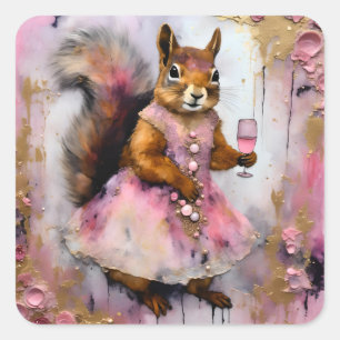 Sticker Carré L'écureuil adorable en robe rose avec un verre