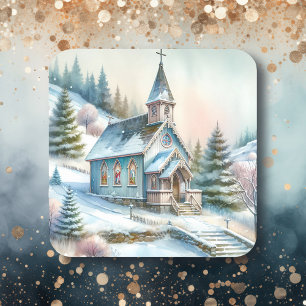 Sticker Carré L'église lors d'une journée hivernale enneigée   N