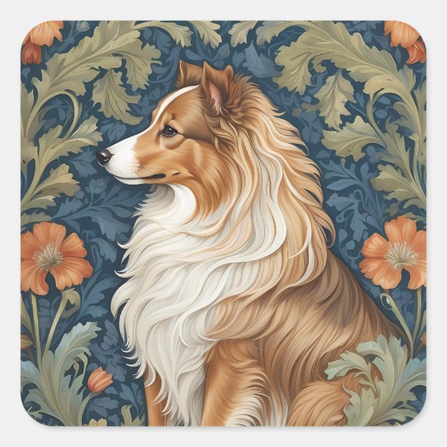 Sticker Carré L'Élégant Chien de Shetland William Morris Inspiré (Devant)