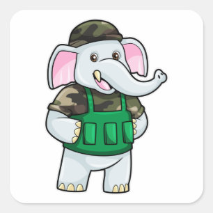 Sticker Carré L'éléphant comme soldat avec uniforme et casque