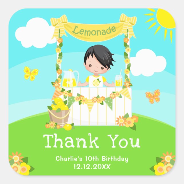Sticker Carré Lemonade Black Hair Boy Anniversaire Merci (Devant)