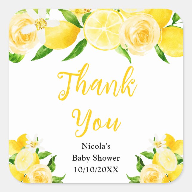 Sticker Carré Lemons and Foliage Baby Shower Thank You (Devant)