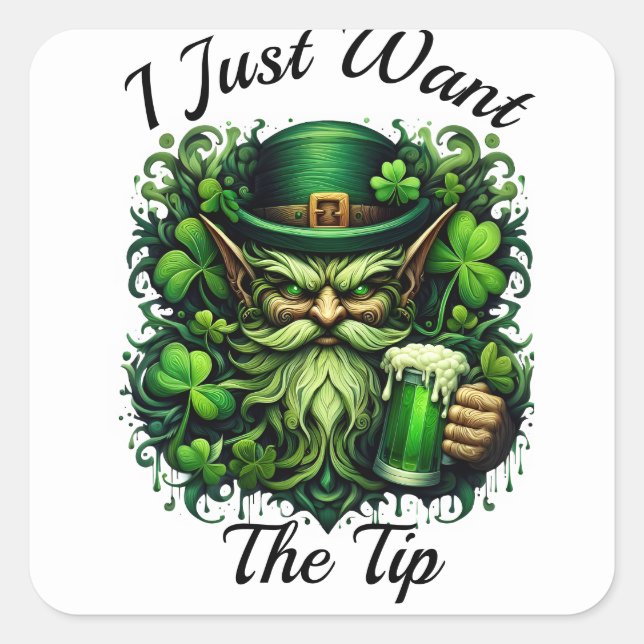 Sticker Carré Leprechaun Whimsical Boire Une Bière Frothy (Devant)