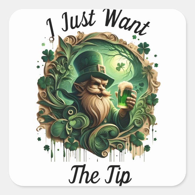Sticker Carré Leprechaun Whimsical Savourer Une pinte (Devant)