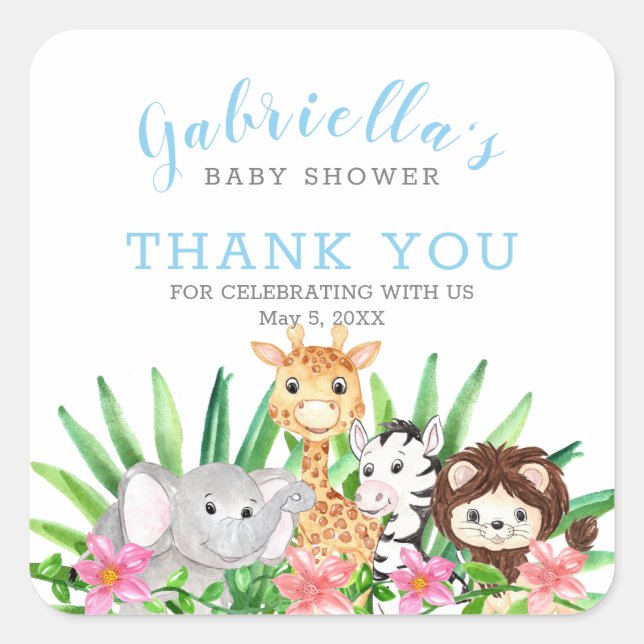 Sticker Carré Les animaux de Safari mignons |Merci Baby shower b (Devant)
