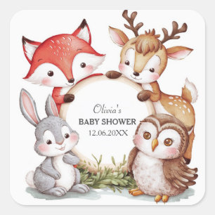 Sticker Carré Les animaux des bois Baby shower mignon