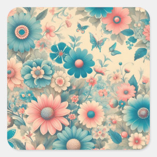 Sticker Carré les années 70 Vintage prairie bleu et rose florale