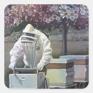 Sticker Carré Les apiculteurs Tending Honey Bee Boxes Aquarelle 