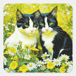 Sticker Carré Les chats adorables assis dans un champ de marguer